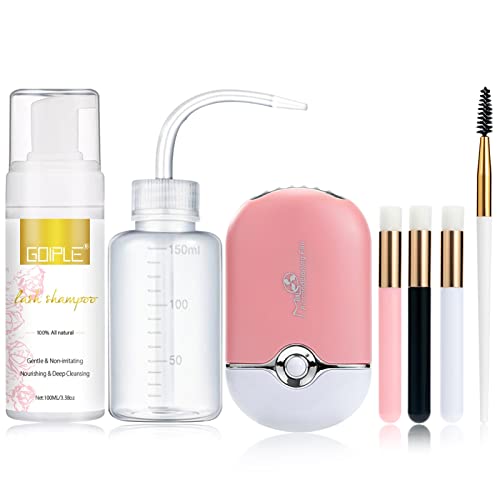 3.38OZ Eyelash Extension Cleanser Lash Mousse Lash Shampoo for Extensions, USB Mini Portable Fan Rechargeable Electric Handheld Air Conditioning Lash Shampoo Brush Plastic Wash Bottle (lash fan-pink)