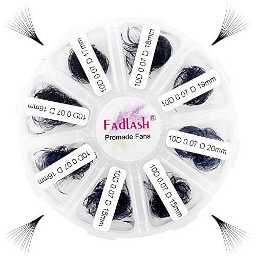 Premade Fans Eyelash Extensions Mixed Tray 1000 Premade Lash Fans 10D Premade Volume Eyelash Extensions Pointed Handmade Promade Loose Fans D Curl Thin Base (10D-0.07D, 15-20mm)