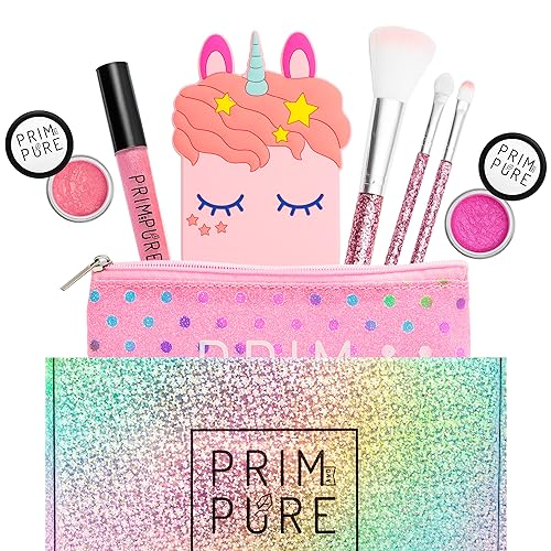 Prim and Pure Mineral Gift Set with Unicorn Mirror| Perfect for Play Dates & Birthday Parties | Kids Eyeshadow Makeup – Mineral Blush | Organic & Natural Makeup Kit for Kids| Made in USA (Pink)