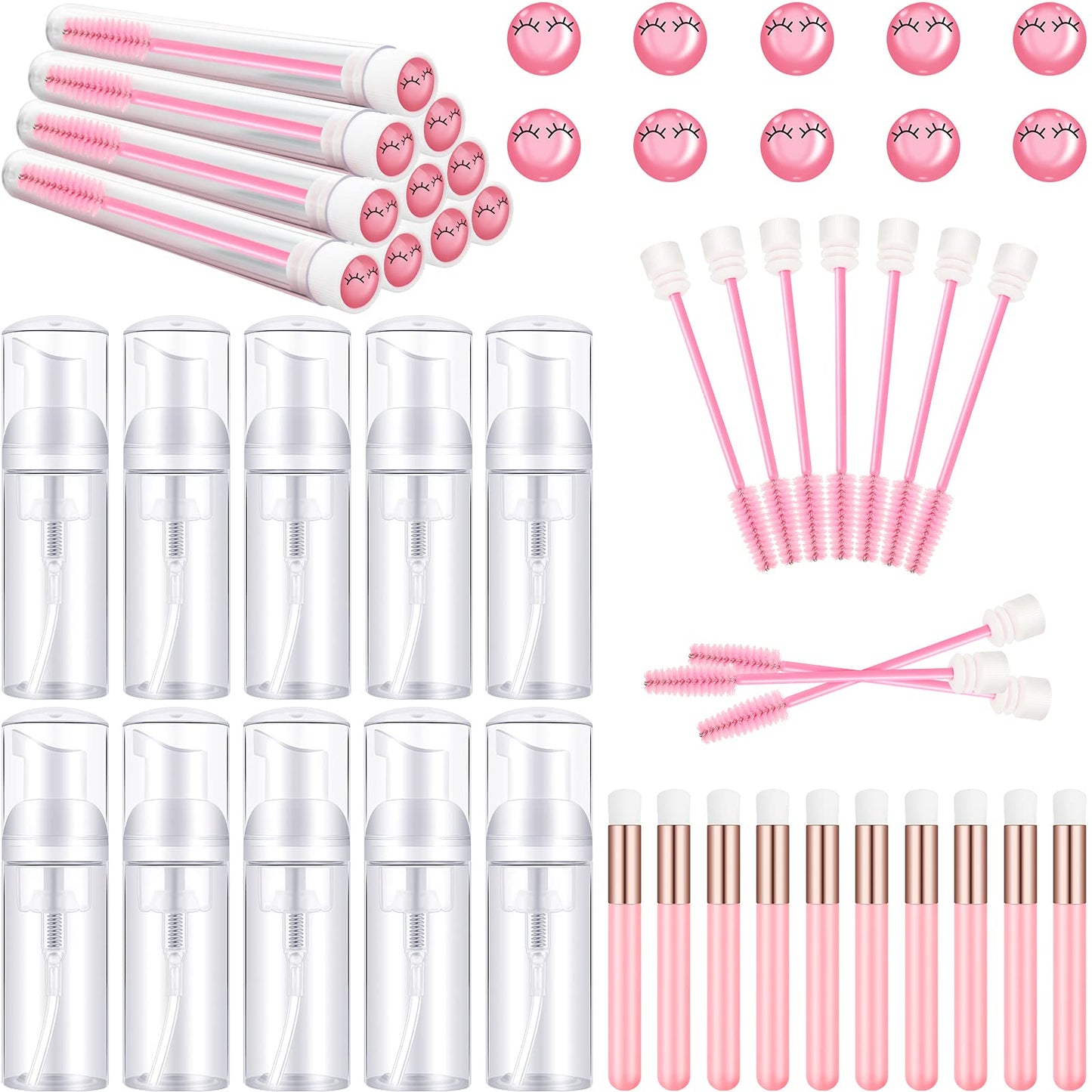 30 Pieces Nose Brushes Set 1.8oz Empty Bottle Travel Soap Bottle and Lash Shampoo Brushes Diamond Eyelash Foaming Soap Pump Dispenser Lash Wand Makeup Tool for Women Girls, 50ML (Pink)