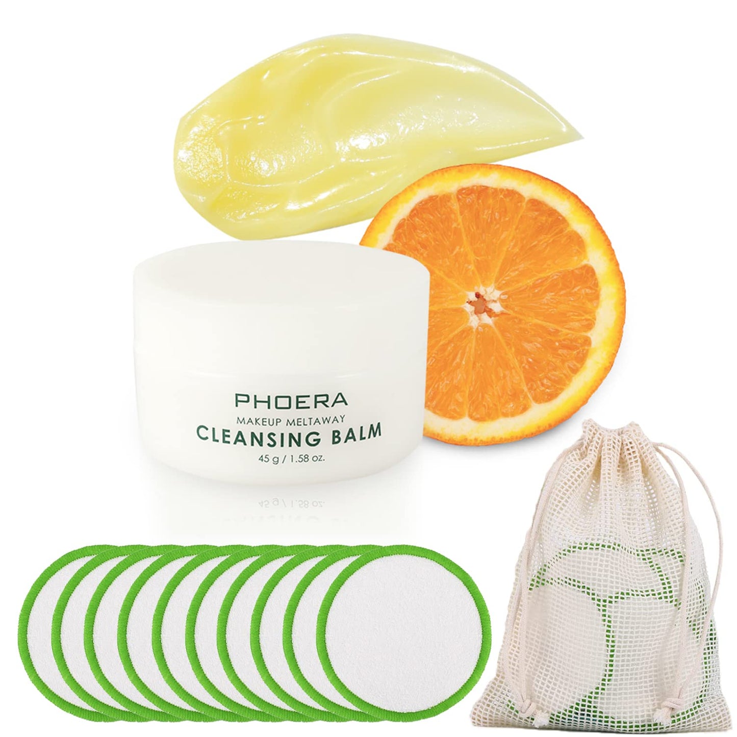 PHOERA Makeup Remover Creams Nourishing Cleansing Balm with Sweet Orange Essential Oil for Face, Eye and Lip, Reusable Bamboo Cotton Makeup Remover Pads (10 Pack), 45g / 1.6oz