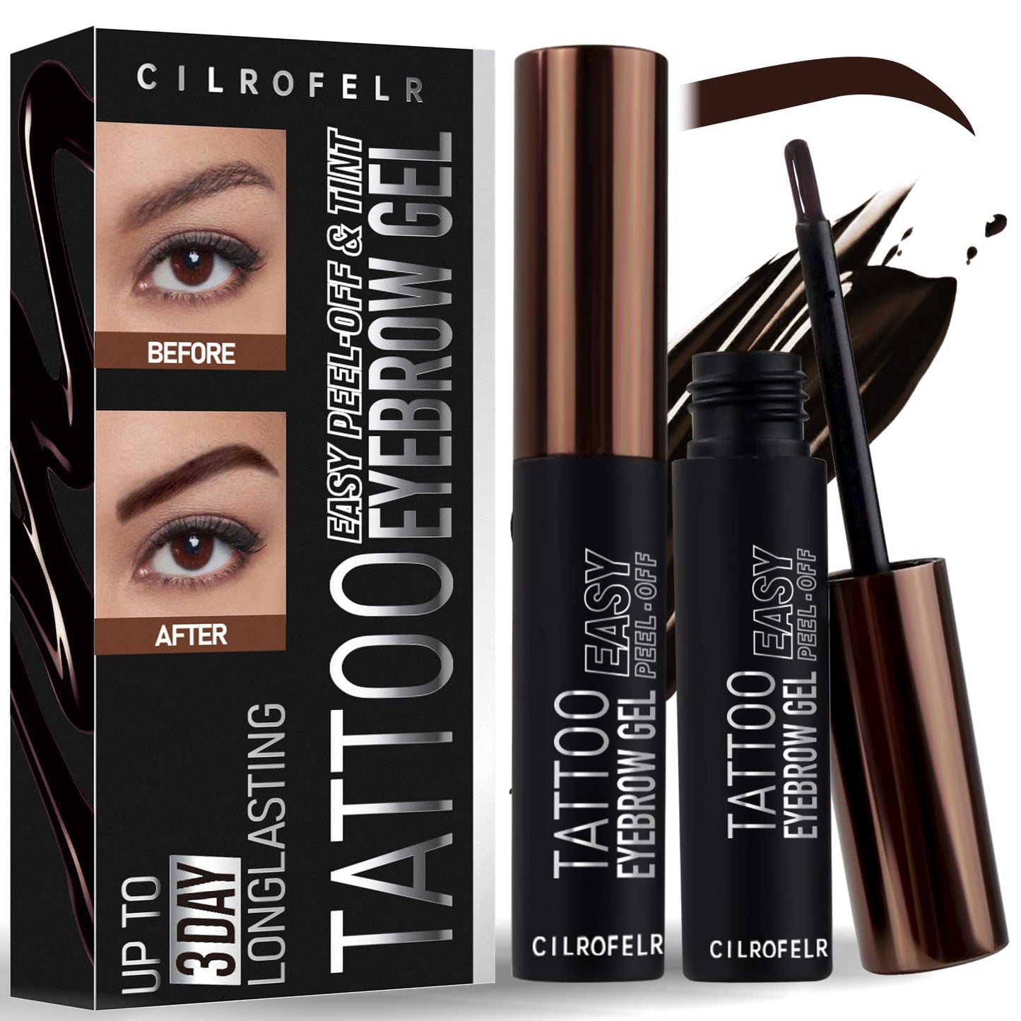 Cilrofelr Tattoo Peel Off Eyebrow Gel Tint, Semi Permanent Brow Tint, Last Up to 3 Days, Waterproof, Transfer-proof, For Fuller & Defined Looking Brows, Dark Brown (2 Pack)