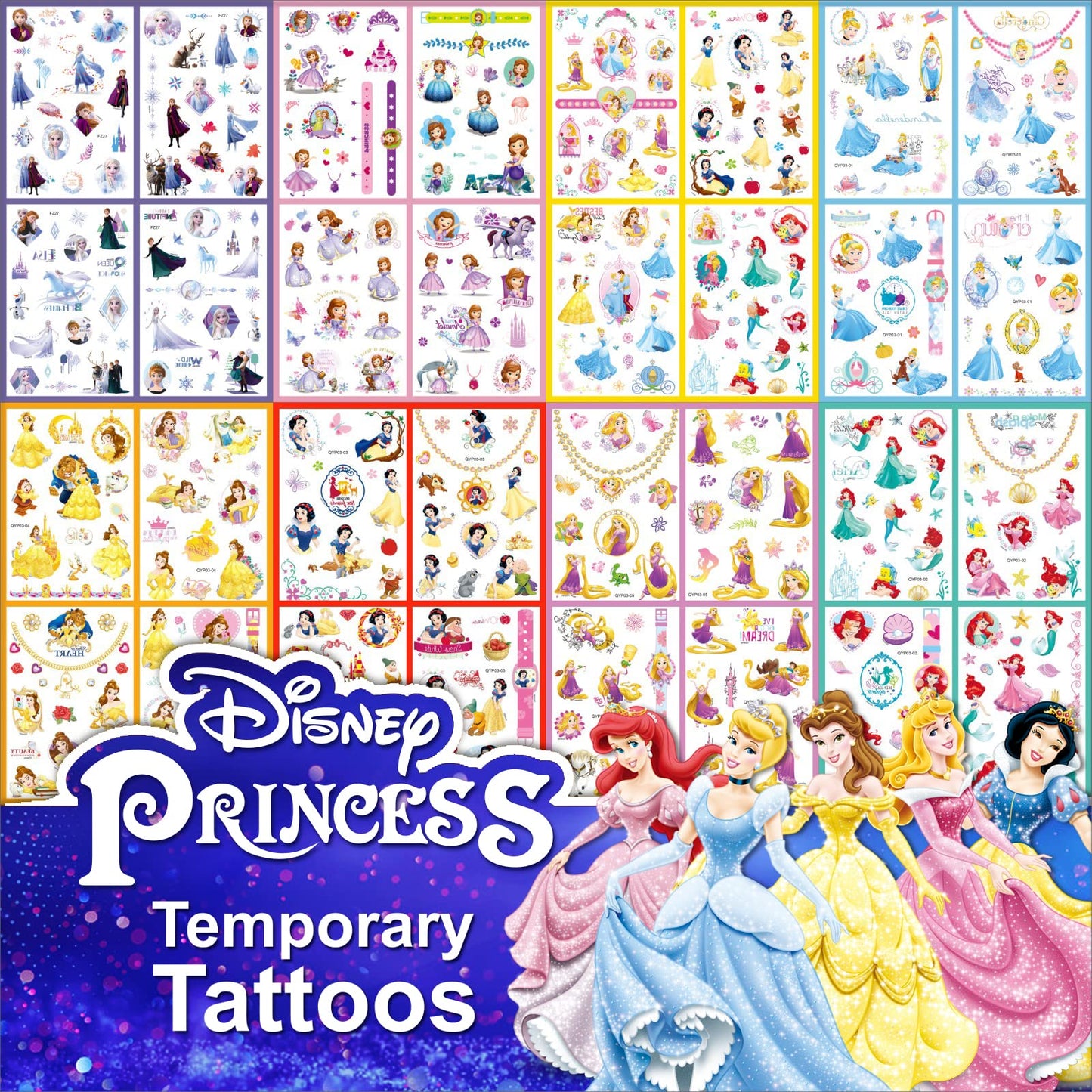 Princess Tattoos Kids, ACSAUMMY 40 Sheet Cartoon Tattoos Party Favor Set for Girls Boys 9 Cute Princess Series Temporary Tattoo Stickers Mickey Mouse Tattoo Stickers for Kids Party Decor Supply