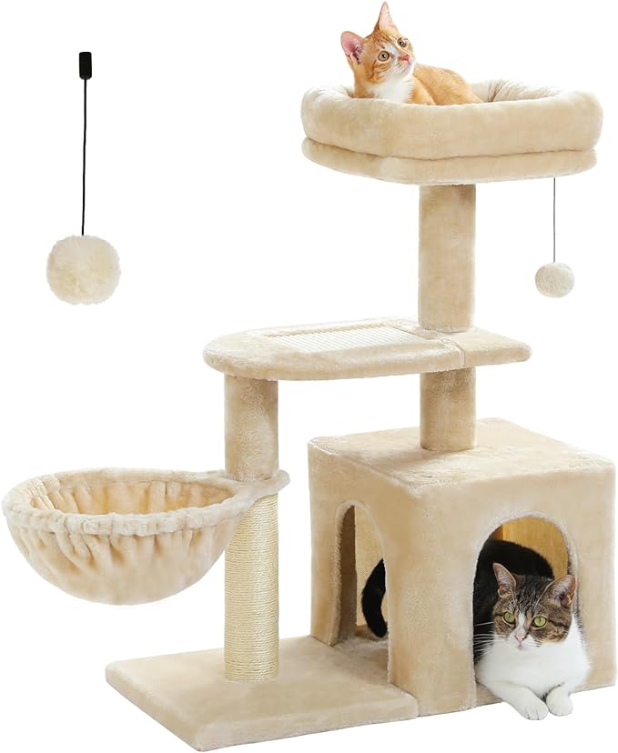 Cat Tree for Small Indoor Cats, Plush Cat Tower with Large Cat Condo, Deep Hammock