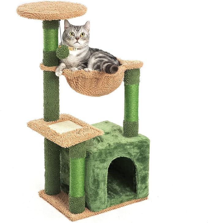 Cat Tree, Small Cat Condo Tower with Hammock, Sisal Scratching Post for Kitten Grey