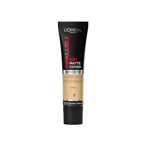 L'Oreal Paris Foundation, Infallible Matte Cover 24hour 200 Golden Sand, Sweat-proof, Heat-proof, Transfer-proof and Water-proof, SPF 18, 30 ml