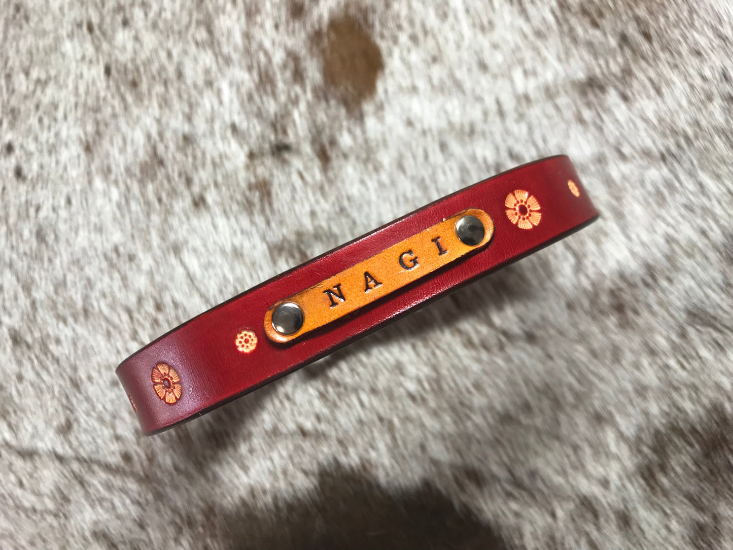 Hand carved flower pattern leather collar - small to medium dogs