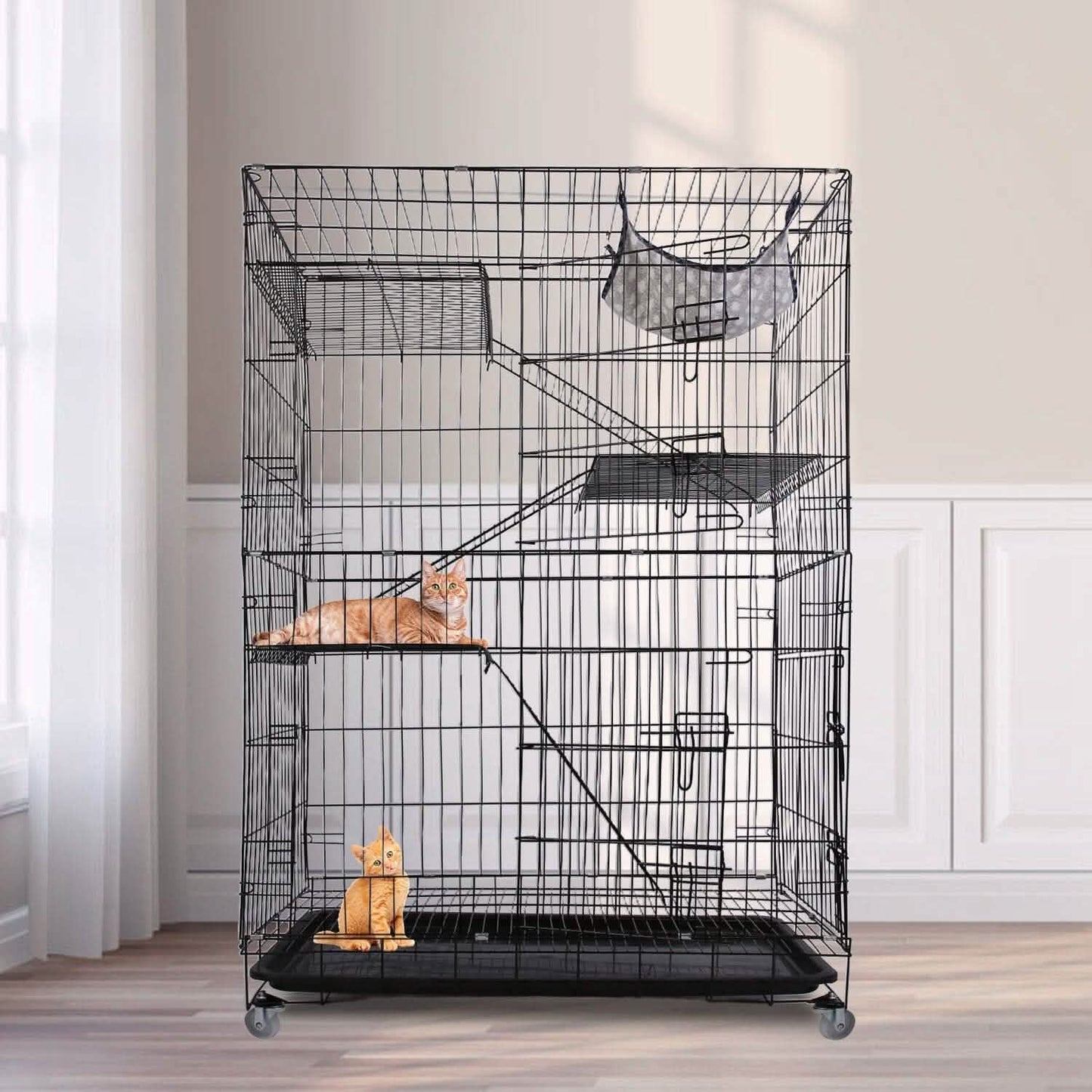 4-Tier Cat Cage with 360° Lockable Wheels, 3 Doors, 3 Ladders and 1 Hammock