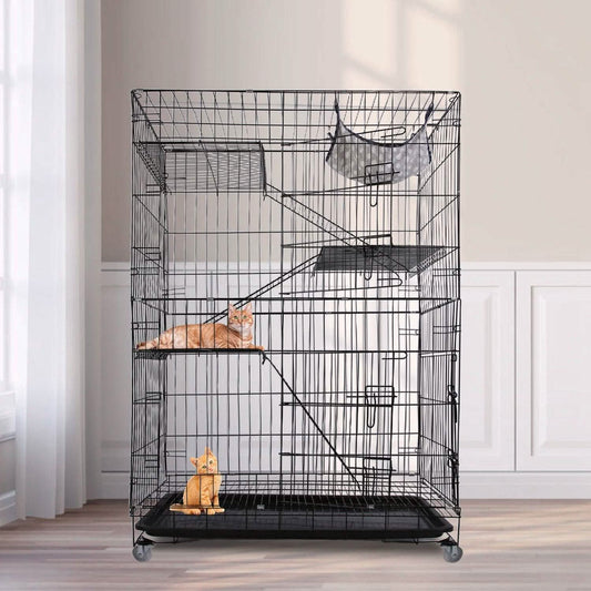 4-Tier Cat Cage with 360° Lockable Wheels, 3 Doors, 3 Ladders and 1 Hammock