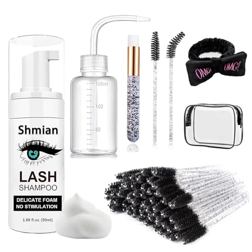 Shmian 60ml Lash Shampoo - Lash Cleaning Shampoo Kits, Shampoo for Lash Extension & Home Salon Care, 50Pcs Mascara Brushes+ Nose Brush+Rinse Wash Bottle+Spa HeadWand, Lash Mousse for Eyelash Cleansing