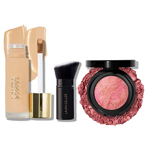 The Classic Matte Look - Liquid (3 PC) LAURA GELLER NEW YORK Double Take Liquid Foundation Medium, Retractable Kabuki Brush, Baked Blush-n-Brighten Pink Buttercream