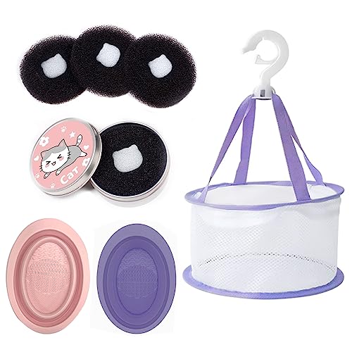 7PCS Beauty Makeup Brush Cleaner Mat - 2 Silicone Make up Cleaner Brusher Pad With 3 Removal Sponge and Hanging Drying Net, Cosmetic Scrubber Tool For Cleaning Washing Travel