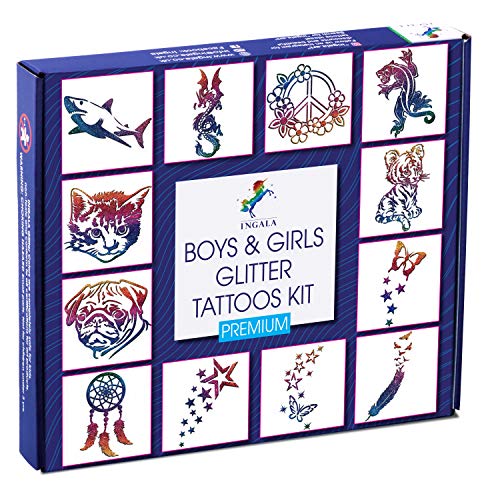 INGALA PREMIUM Glitter Tattoo Kit for Boys and Girls | Unique Professional Glitter Tattoos for Kids and Adults | 74 Amazing Glitter Tattoo Stencils | 2 XL (0.5fl oz) Glitter Tattoo Glue. By Ingala
