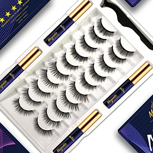 Menaka Magnetic Eyelashes with Eyeliner Kit, Magnetic Lashes Natural Looking with Upgraded 4 Tubes of Magnetic Liner Waterproof,10 Pairs Reusable False Eyelashes Easy to Apply,Long Lasting.