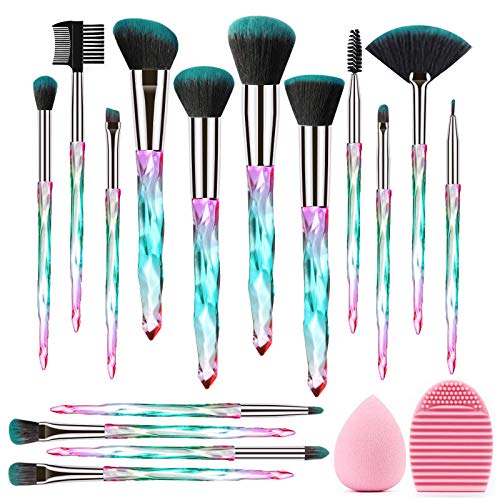 Kingtree Makeup Brushes 15PCS Crystal Makeup Brush Set, Premium Synthetic Bristles Foundation Face Powder Blush Eye Shadow Makeup Brush Kit with Blender Sponge & Brush Cleaner