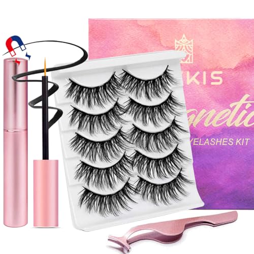 Magnetic Eyelashes with Eyeliner - Magnetic Eyelashes Mink Look Kit, Mixed 3D Mink Magnetic Eyelashes Reusable False Lashes with Applicator, No Glue Needed (5-Pairs) (mink look)