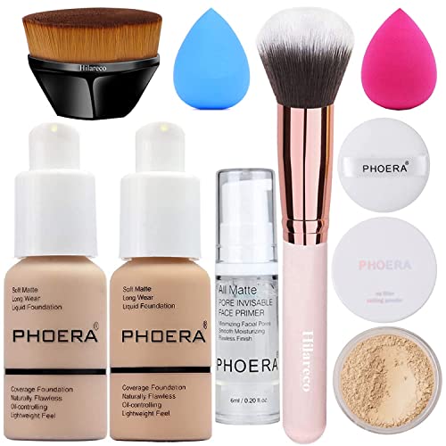 PHOERA Foundation, Full Coverage Foundation, PHOERA Primer, PHOERA Powder, PHOERA Makeup Set, Kabuki Makeup Brushes Foundation Brush Powder Brush,2 Pcs Makeup Sponge (2 PCS 105- Sand)