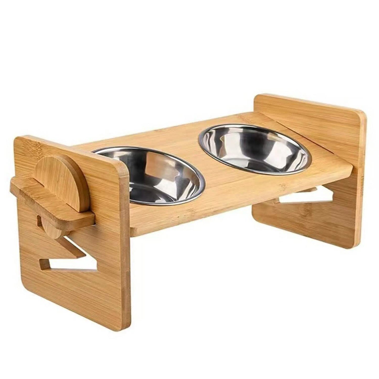 5°Tilt Bamboo Double Elevated Dog Bowls with 4 Adjustable Heights