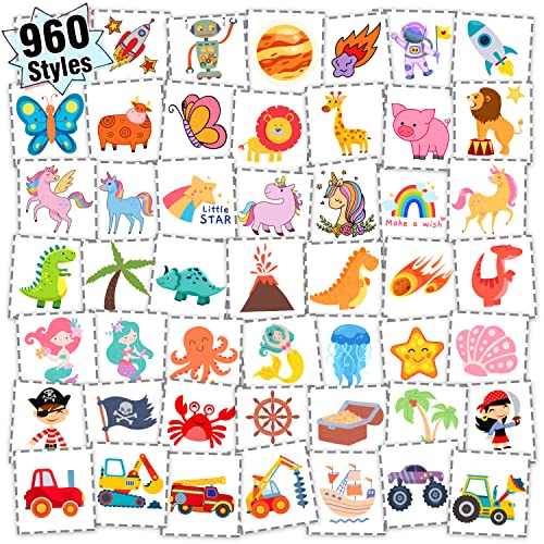 Partywind 960 PCS Individually Wrapped Tattoos for Kids Bulk, Cute Temporary Tattoo Stickers for Birthday Party Supplies Favors, Fake Tattoos for Kids Christmas Gifts Games (20 Sheets)