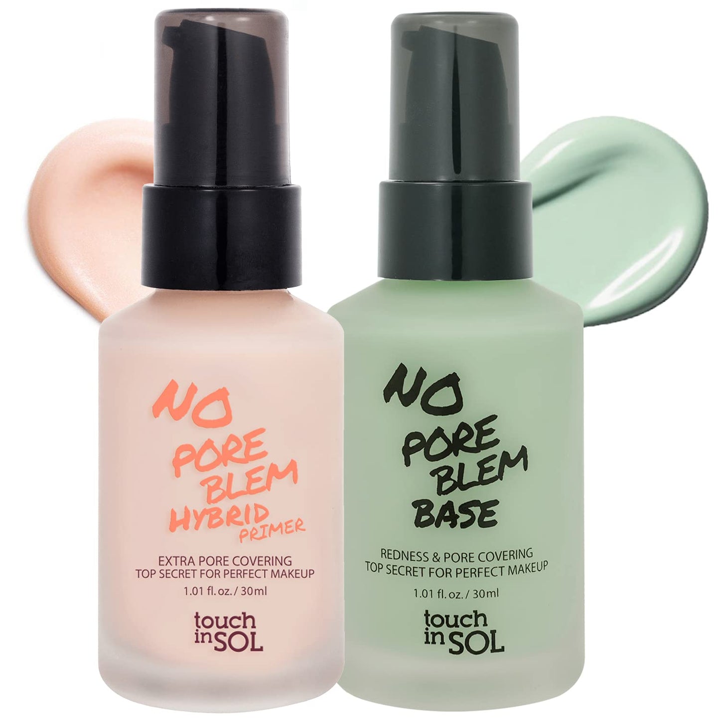 TOUCH IN SOL No Poreblem Hybrid Primer + Redness Correcting Base Set - Extra Pore Covering Matt Finish Sebum and Shine Control - Tone Neutralizing before Foundation, 1.01 + 1.01 fl.oz.