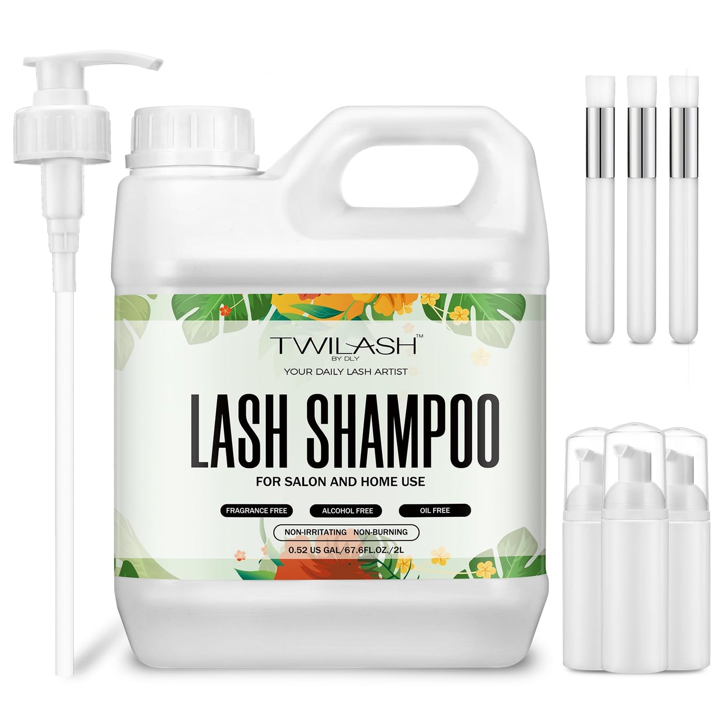 Lash Shampoo Bulk, Eyelash Cleanser for Extensions 2 Liters - 3 Foam Pump Bottles, 3 Lash Cleansing Brushes, Dispenser Pump - Eyelid Foaming Cleanser for Professional Salon and Home Use