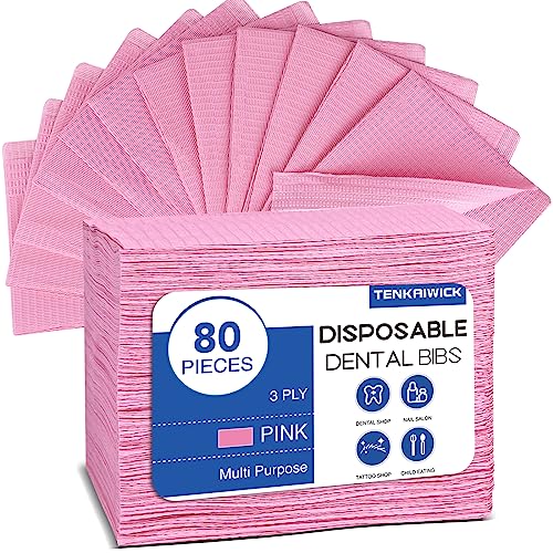 80 Pack Disposable Dental Bibs 13"x18"，3-Ply Waterproof Tattoo Bibs Sheet for Nail Salon，Dental Clinic，Feeding，Tattoo Shop (Pink)