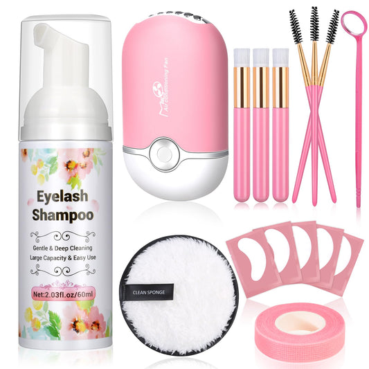 Lezmarket Lash Shampoo for Lash Extensions with Eyelash Fan Dryer, Gentle Eyelash Shampoo Foam, Eyelash Cleanser for Lash Wash, Lash Extension Kit for Beginners Cleaning Brush Professional & Self