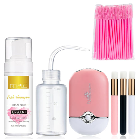 3.38 OZ Eyelash Extension Cleanser Lash Mousse Lash Shampoo for Lash Extensions, USB Mini Fan Rechargeable Electric Handheld Air Conditioning Lash Shampoo Kit Lash Brushes Cleanser Brush Wash Bottle