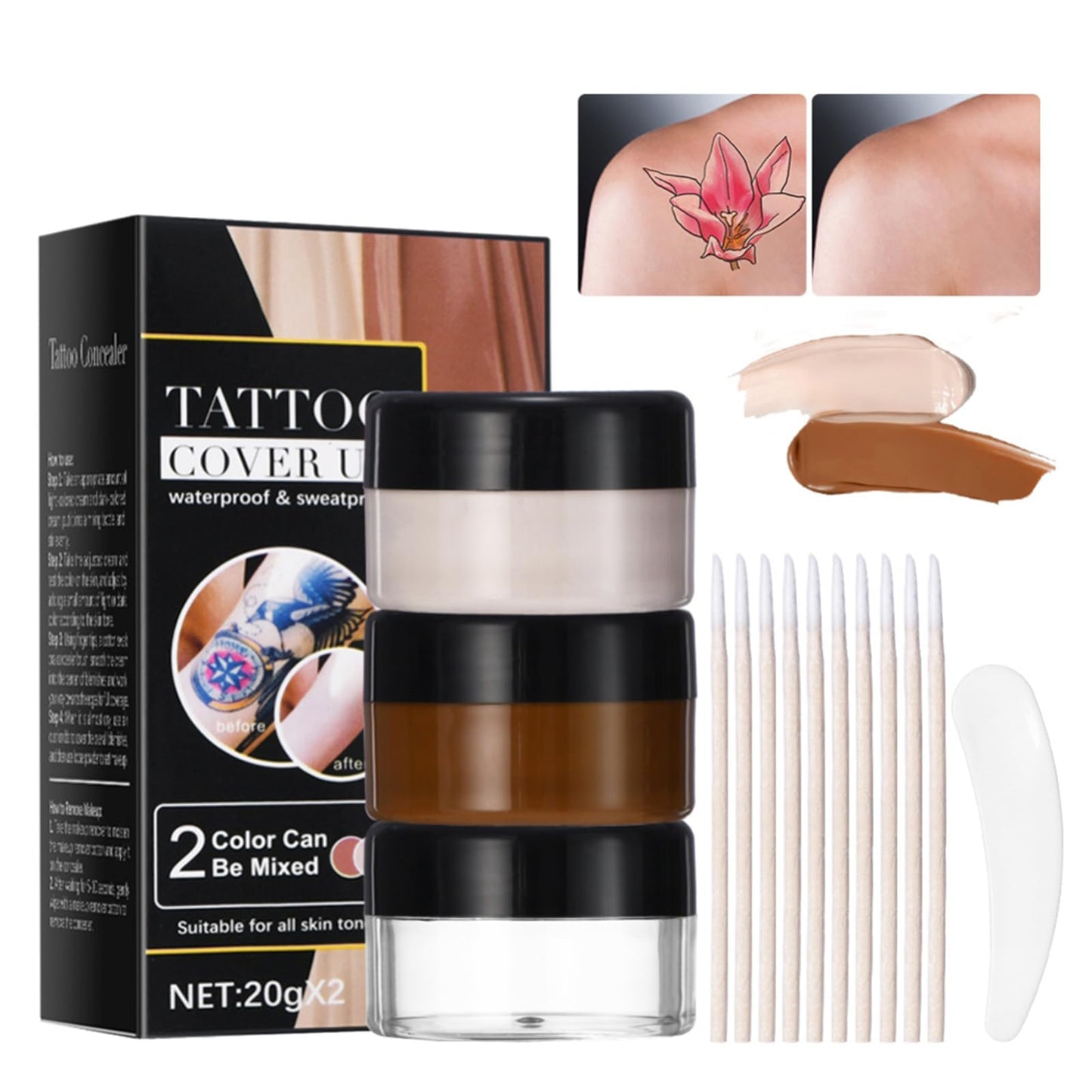 Ofanyia Tattoo Cover Up, 2 Colors Tattoo Cover Up Makeup Waterproof, Waterproof & Long-Lasting Skin Concealer Set for Tattoo Removal, Scars, and Other Blemishes