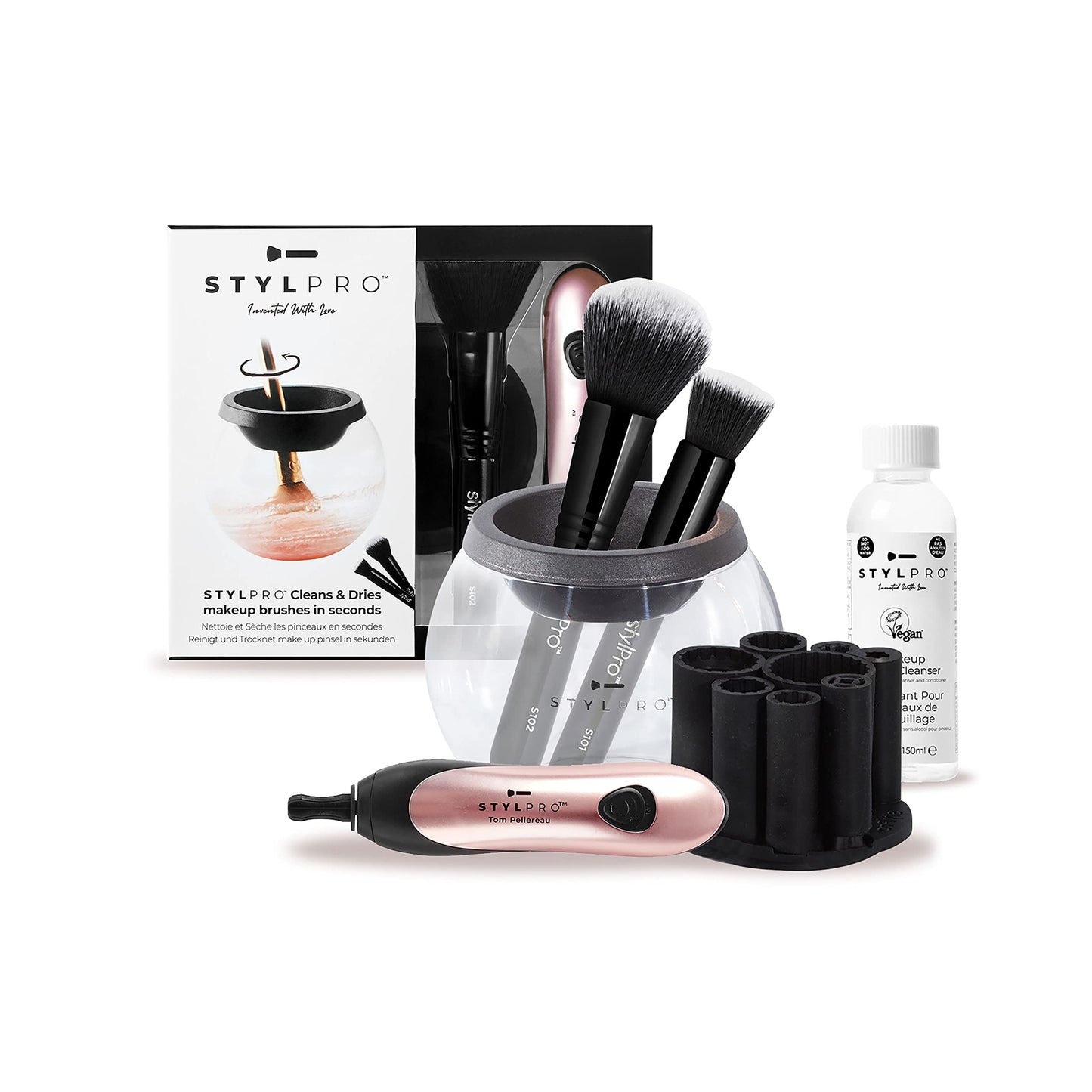 STYLPRO Premium Electric Makeup Brush Cleaner and Dryer Award Winning Gift Set including Coloured Spinning Device, Professional Brush Cleanser & 2x Makeup Brushes, Clean and Dry Brushes in Seconds