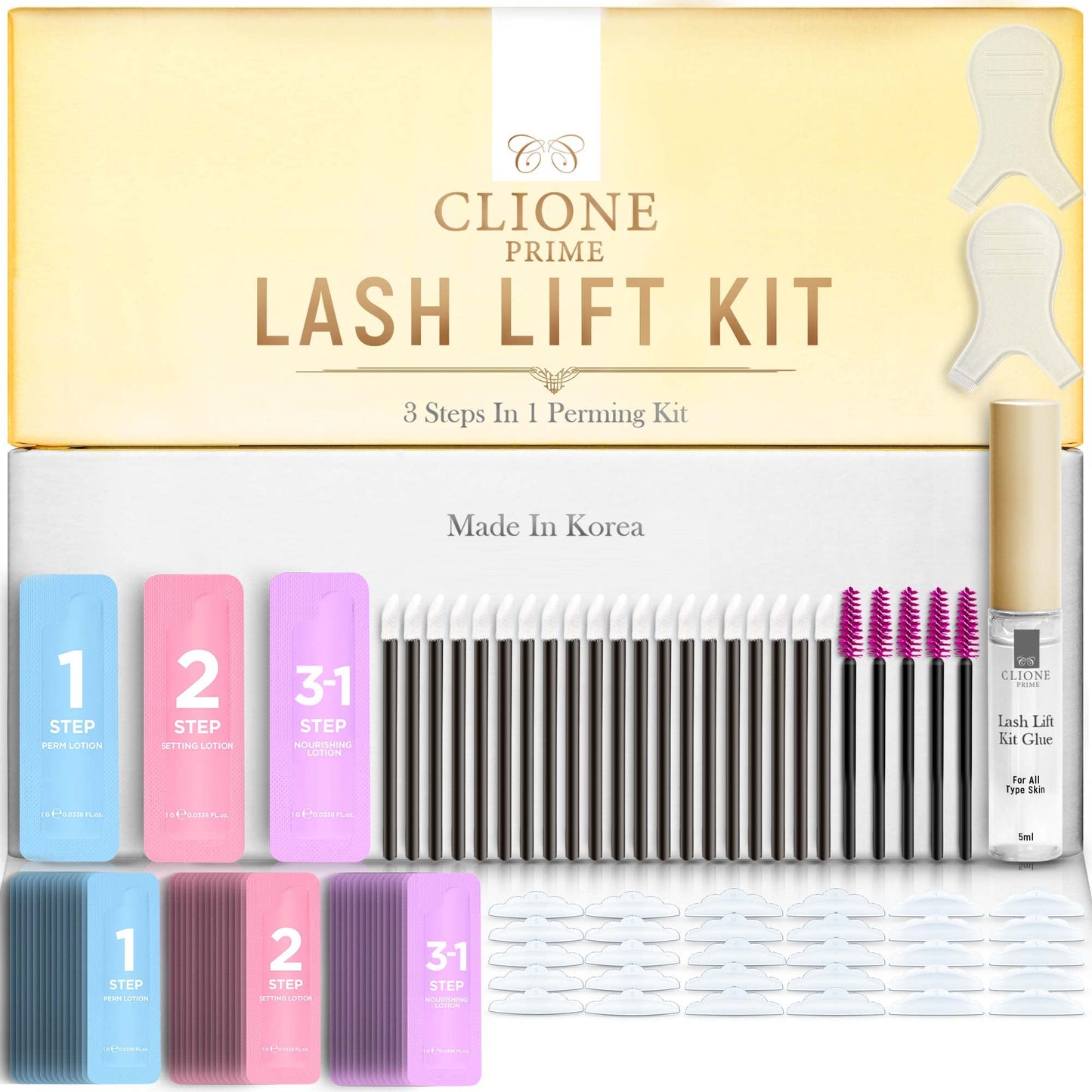 CLIONE PRIME Lash Lift Kit - 97 Pcs Eyelash Lift Kit, 15 Times Use Eyelash Perm Kit, Suitable for Salon & Home Use - Professional Korean Semi Permanent Curling Perming Wave Kit