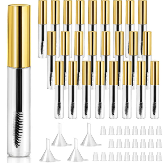25 Pieces 10 ml Empty Mascara Tubes Wand Empty Eyelash Bottle Clear Refillable Mascara Container with 4 Pieces Funnels Transfer Pipettes for Castor Oil and DIY Cosmetics (Gold)