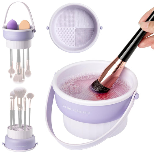 Makeup Brush Cleaner Bowl, 3 in 1 Silicone Makeup Brush Cleaning Mat Tool with Brush Drying Holder, Cosmetic Brush Cleaning Bowl with Removable Carrying Handle for Storage, Dry & Cleaning Brushes