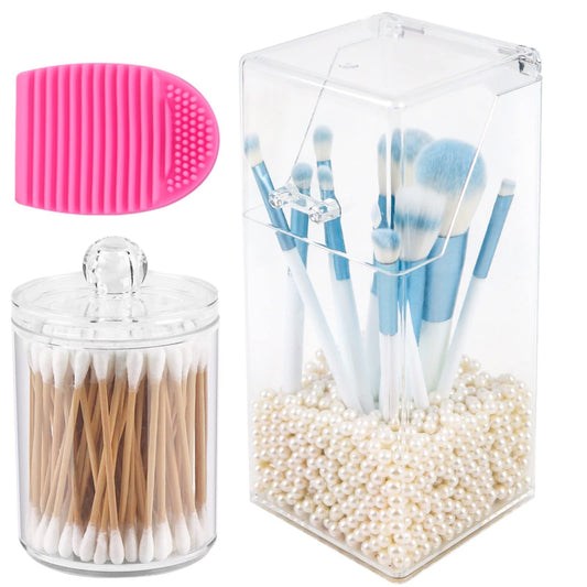 Lefiocky Makeup Brush Holder with Lid and Qtip Holder Set, Clear Comestic Brush Storage Box Containers with Pearls and Makeup Brush Cleaner for Bathroom, Dresser