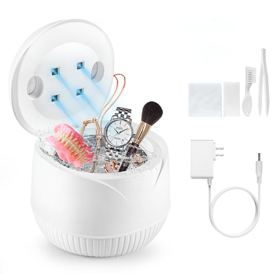 M&L Ultrasonic Retainer Cleaner Machine for Denture, Mouth Guard, Aligner, Toothbrush, 45KH 200ml Portable LED Light Ultrasonic Cleaner Ideal for Cleaning Glasses, Watches, Dental Appliances (White)