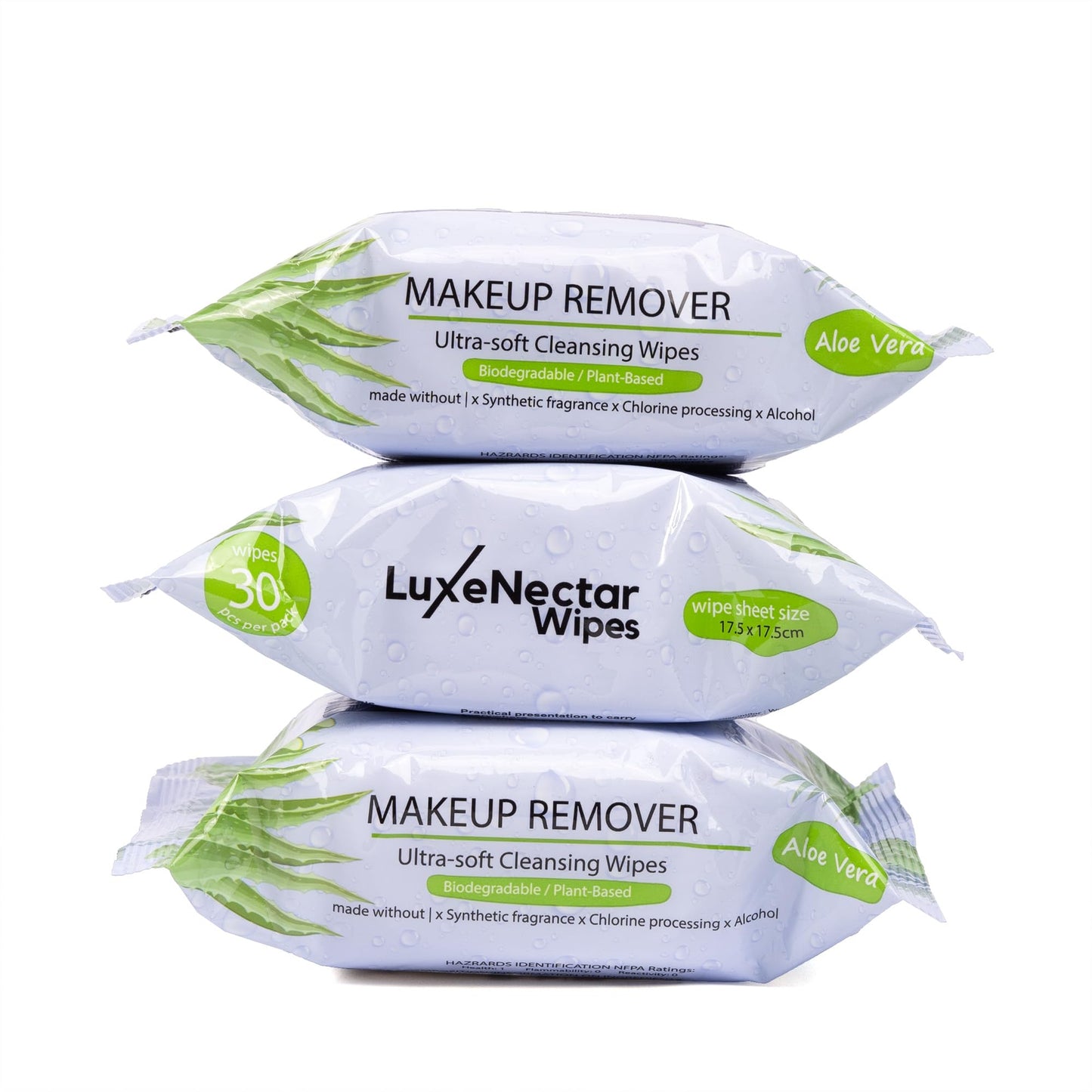 LuxeNectar Make up Remover Wipes for Face | Plant-Based Biodegradable Face Wipes | Compostable in Home Compost | Alcohol Free, Makeup Wipes For Sensitive Skin| 30 Count 3 Pack