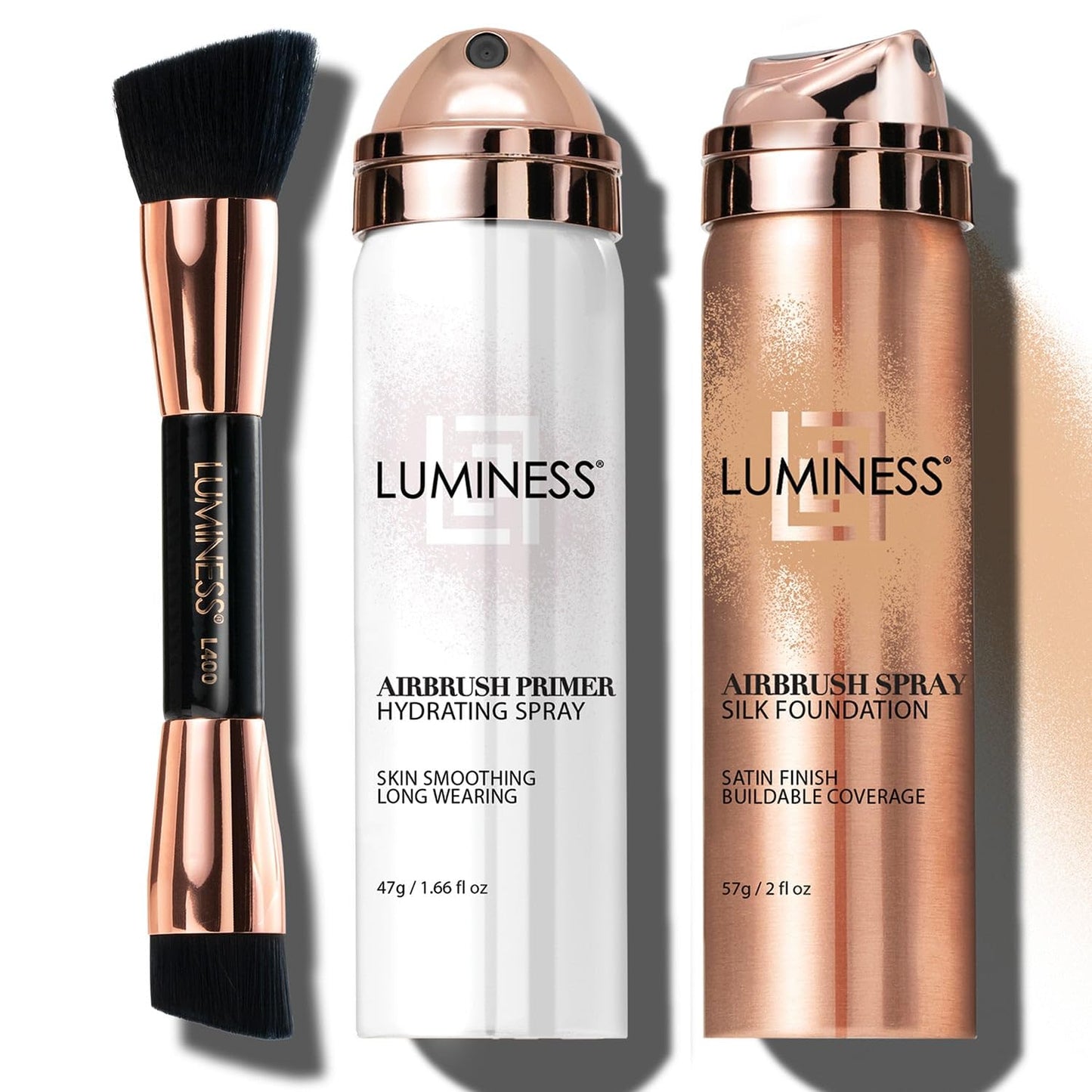 LUMINESS Silk Airbrush Foundation Makeup Kit - Full Coverage, Anti-Aging, Hydrating Foundation with Primer & Dual-Sided Buffing Brush (Light Medium)