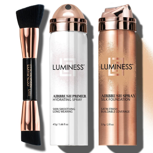 LUMINESS Silk Airbrush Foundation Makeup Kit - Full Coverage, Anti-Aging, Hydrating Foundation with Primer & Dual-Sided Buffing Brush (Light Medium)