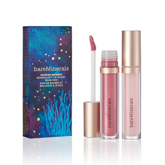 bareMinerals Limited Edition Shining Moment Mineralist Lip Gloss-Balm Duo, Full-Size Lip Gloss + Balm Hybrid, Holiday Gift Makeup, Set of 2