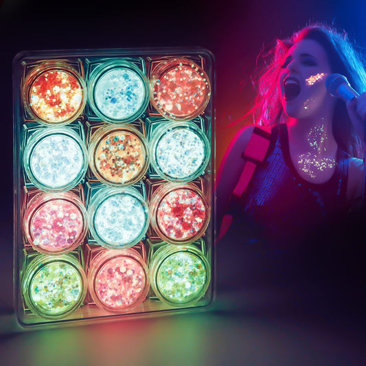 Glow in The Dark Body Glitter Gel, 12 Colors & Shapes Glitter Gel Makeup, UV Body Glitter for Women, Glow in The Dark Face Glitter Makeup Gel, Chunky Glitter Makeup for Party Rave Festival Accessories