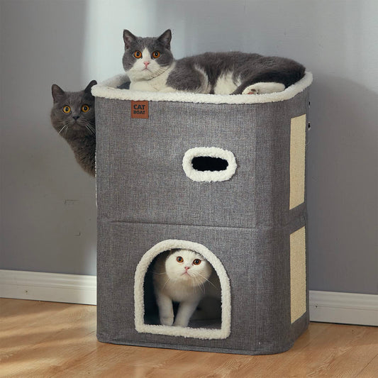 2-Storey Cat House for Indoor Cats Bed, Covered Cat Beds & Furniture with Scratch Pad