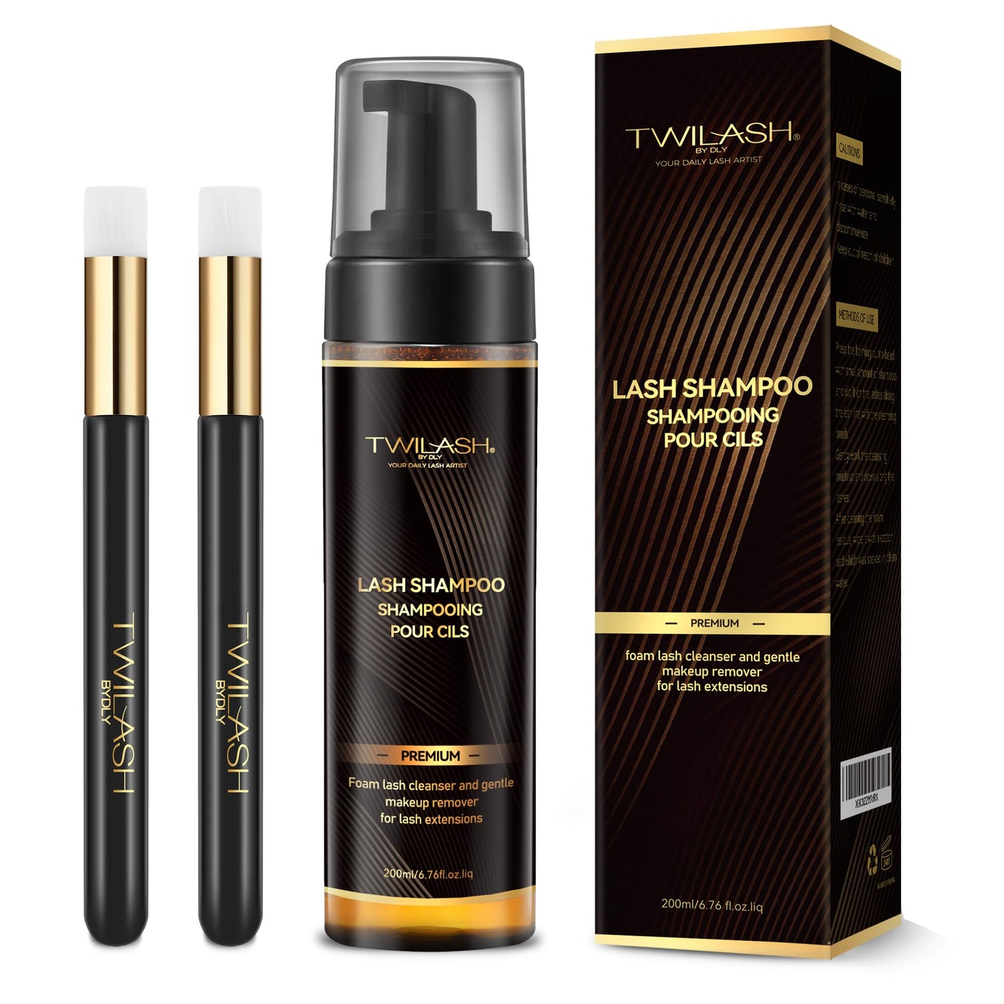 twilash by dly Lash Shampoo 200ml for Salon & Home Use - 200ml High-Purity Eyelash Cleanser, And Two Extended Handle Lash Shampoo Brushes
