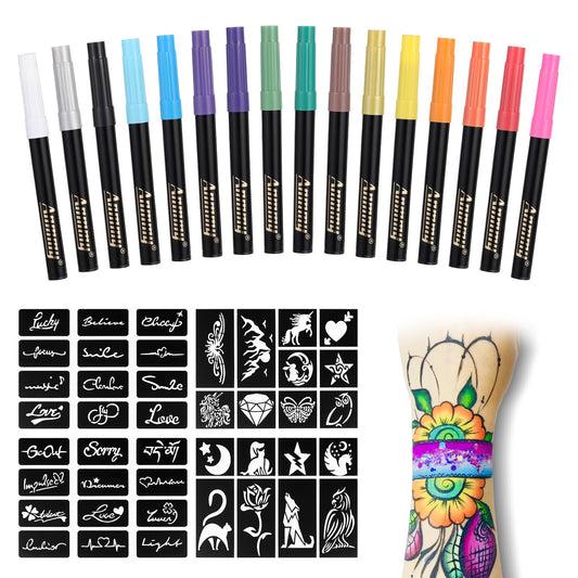 Anmmy Temporary Tattoo Markers for Skin, 16-Count Body Markers+77 Large Tattoo Stencils of Assorted Colors for kids and Adults, Flexible Brush Tip, Bright colors, Skin-Safe*, Cosmetic-Grade.