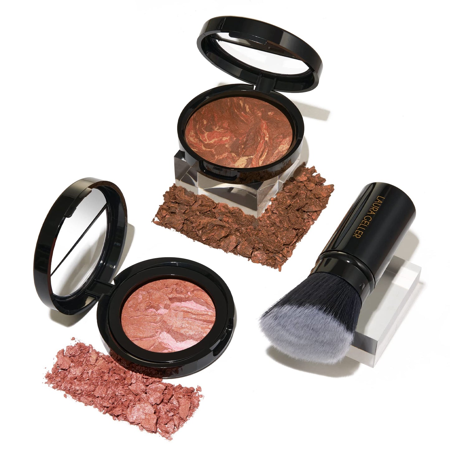 LAURA GELLER NEW YORK Blush-n-Glow Kit (3 PC): Baked Balance-N-Glow Illuminating Powder Foundation, Tan + Retractable Kabuki Brush + Baked Blush-N-Brighten, Pink Grapefruit