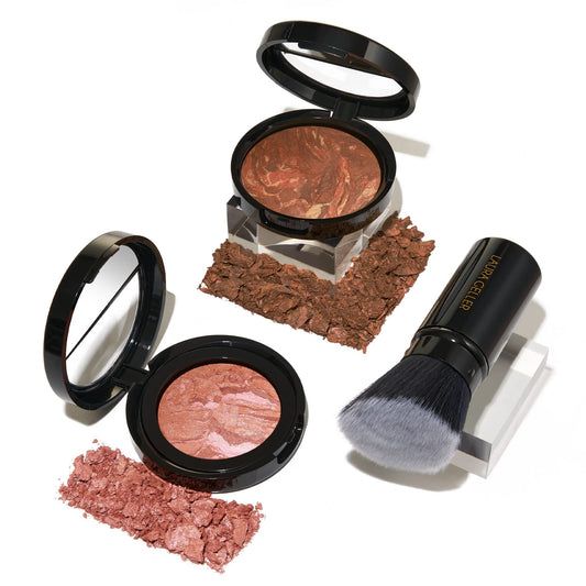 LAURA GELLER NEW YORK Blush-n-Glow Kit (3 PC): Baked Balance-N-Glow Illuminating Powder Foundation, Tan + Retractable Kabuki Brush + Baked Blush-N-Brighten, Pink Grapefruit