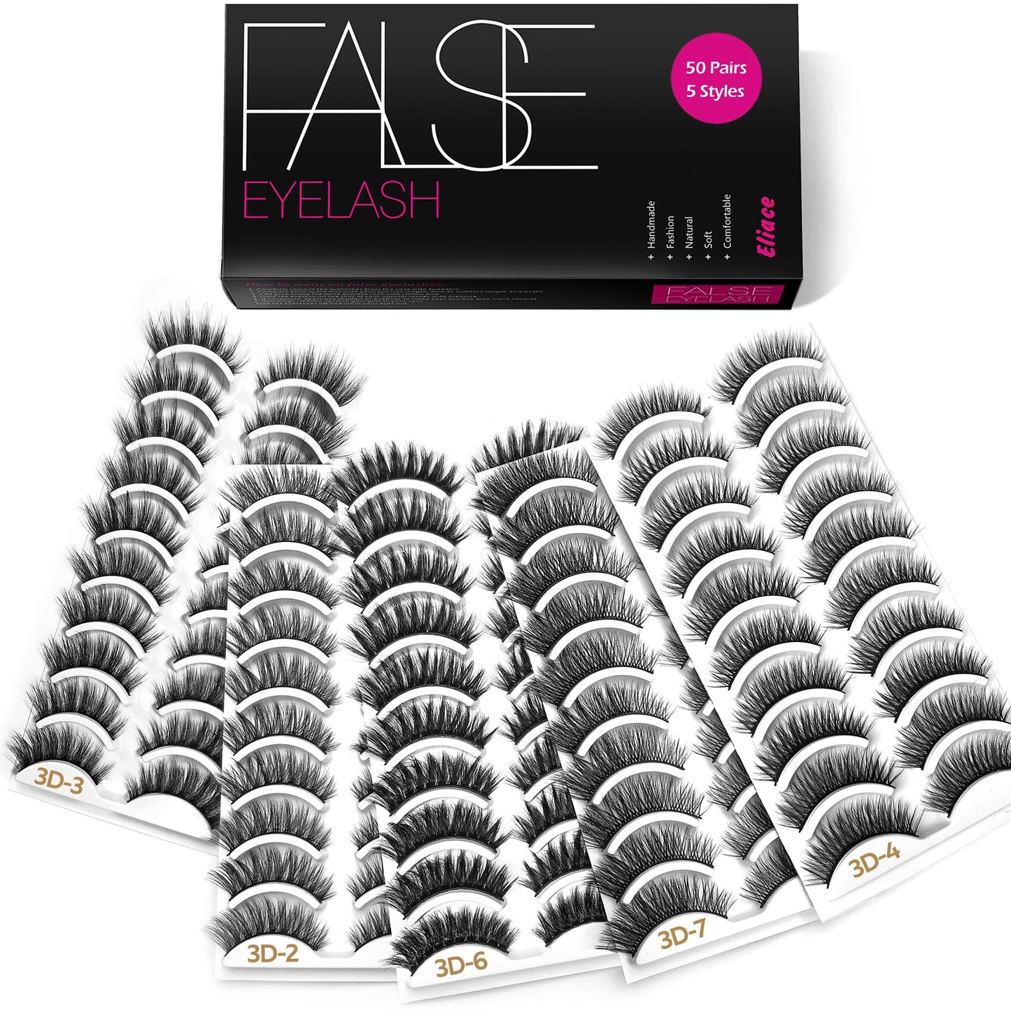Eliace Eyelashes, 50 Pairs 5 Styles lux Faux Mink Lashes Natural Look Wispy Fluffy Handmade Cat False Eyelashes Set,Comfortable & Light weight Lash Strips,Makeup Professional Fake Eyelashes Pack
