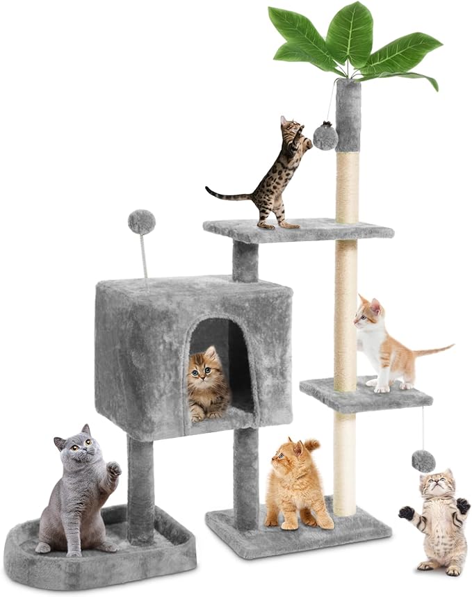 Cat Tree Cat Tower for Indoor Cats with Green Leaves, Multi-Level Cozy Plush Cat House