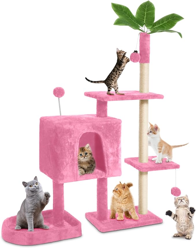 Cat Tree Cat Tower for Indoor Cats with Green Leaves, Multi-Level Cozy Plush Cat House