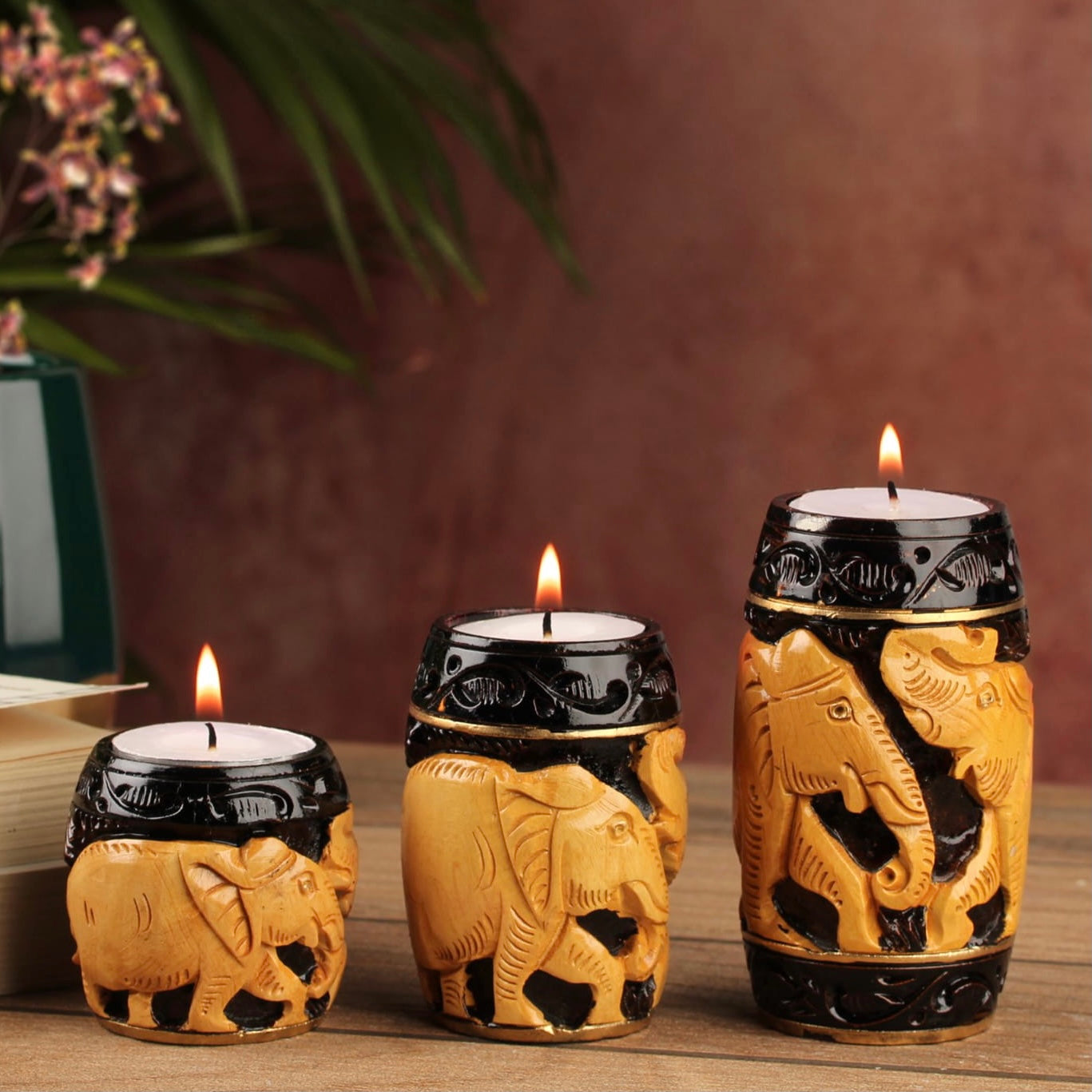 Elephant Wooden Candle Holder (Set of 3) - Decorative Tea Lights - Festive Decor