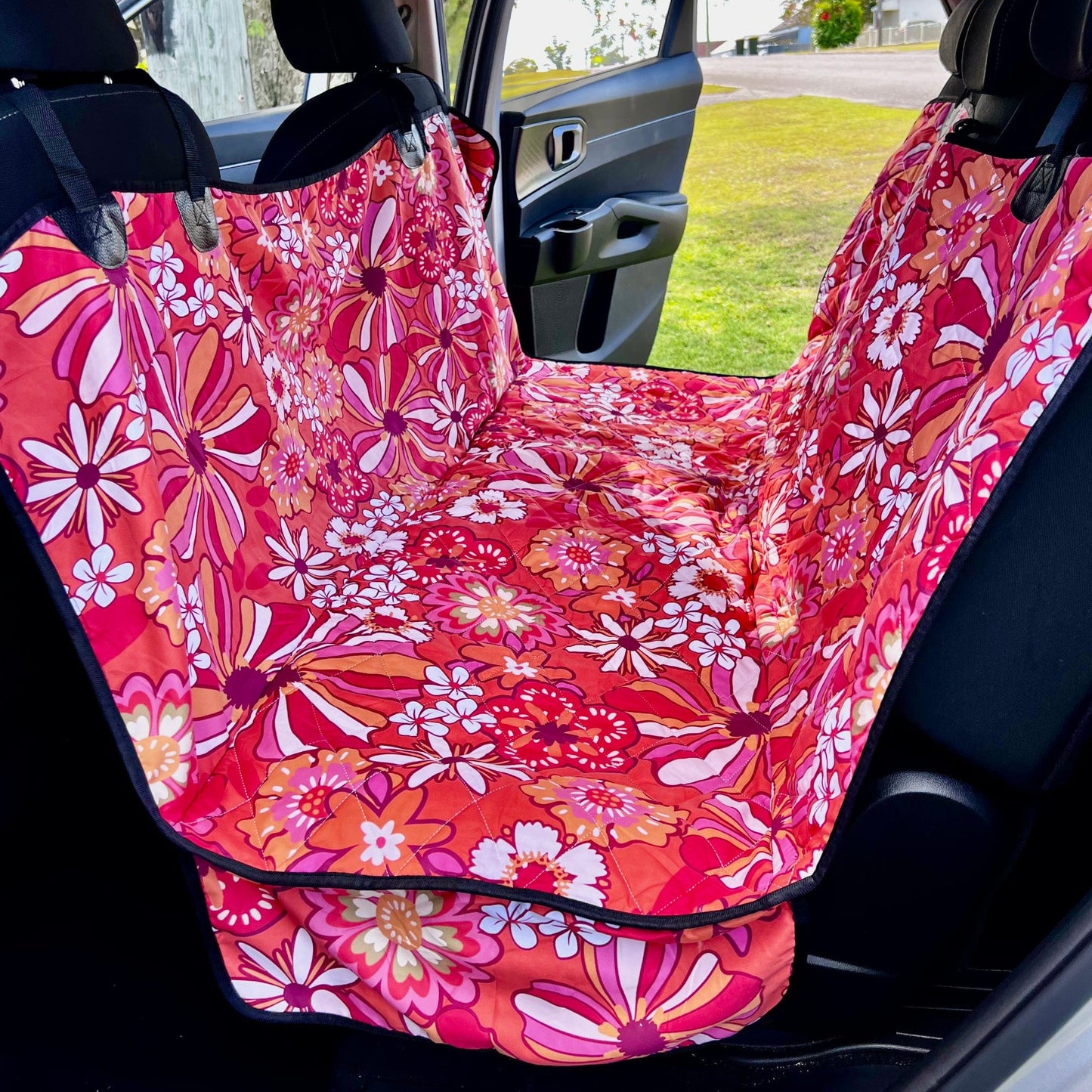 Red Groovy Flowers Dog Car Seat Covers